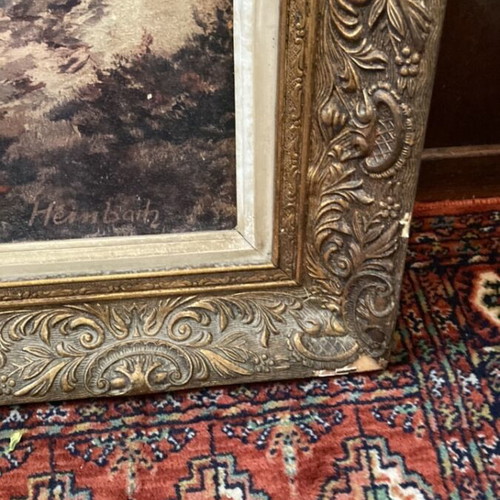 Large 1950s painting with period golden frame and mountain subject signed Heimbach used