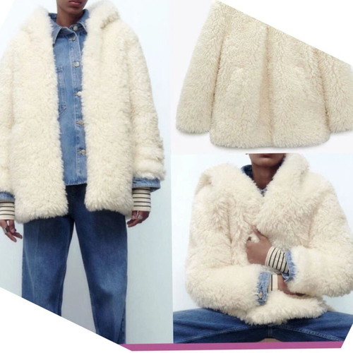 Zara fluffy teddy white bomber jacket oversized hooded XS like new