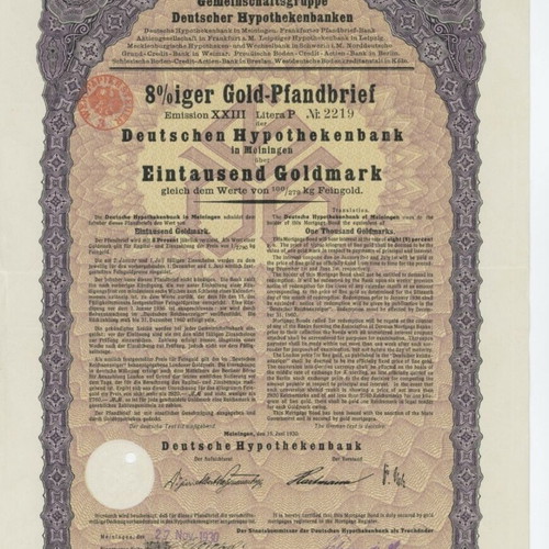 Rare Gold Bond 1,000 Goldmark 1930 like new, Deutsche Hypothekenbank Meiningen