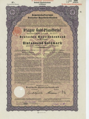 Rare Gold Bond 1,000 Goldmark 1930 like new, Deutsche Hypothekenbank Meiningen