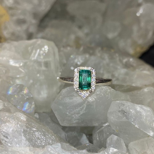 Silver ring with natural indicolite tourmaline and moissanite