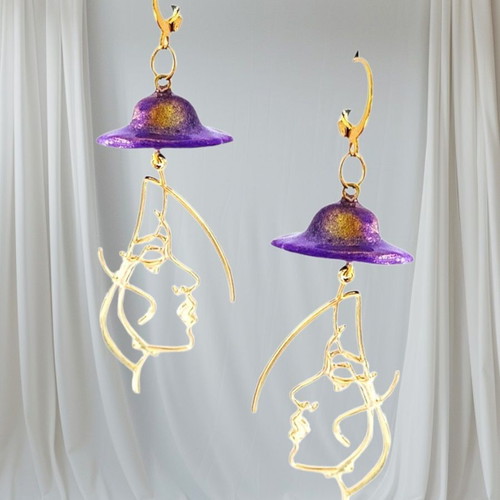 Handmade long dangle earrings with purple hat and gold details