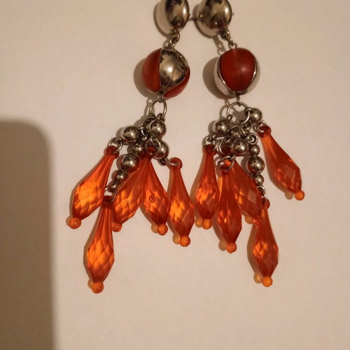 '90s Vintage Long Earrings Used, Orange and Gold Colors