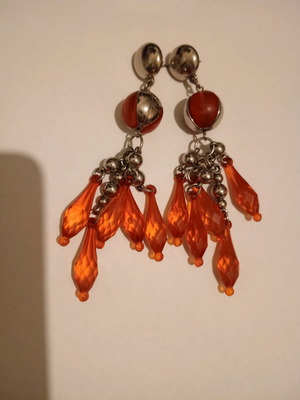 '90s Vintage Long Earrings Used, Orange and Gold Colors