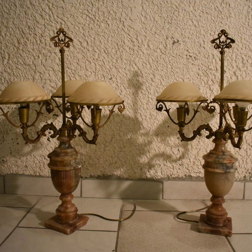 Table lamps used, 1960s alabaster and brass set