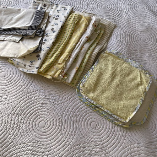 Baby trousseau set like new with basket, stroller, crib sheets and small towels