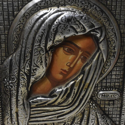 Byzantine Icon of Virgin Mary used with Metal Overlay in Wooden Frame