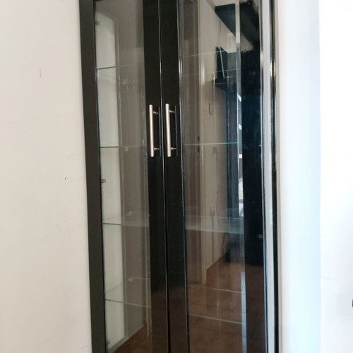 Black glass showcase cabinet with 4 shelves