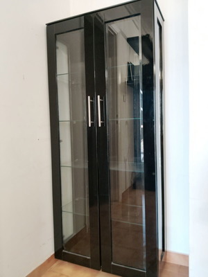 Black glass showcase cabinet with 4 shelves