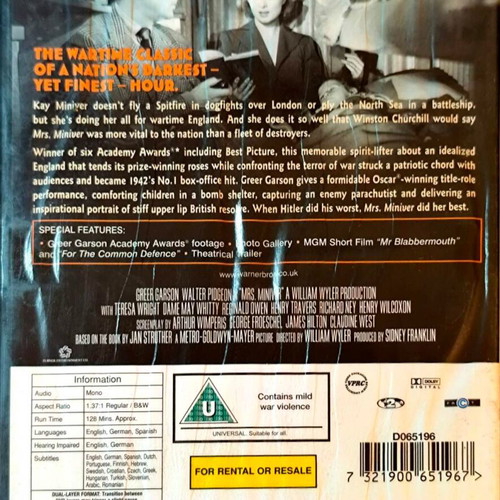 Mrs Miniver DVD movie, war romance