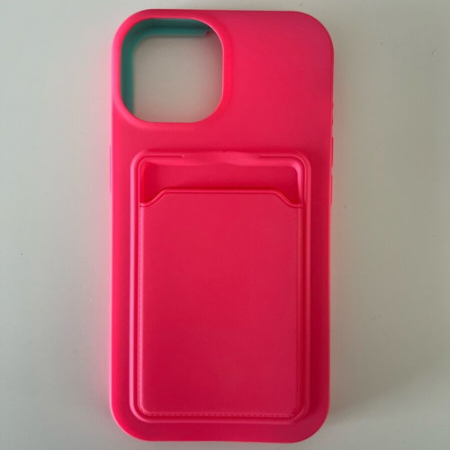 iPhone 13 case like new, bright fuchsia with blue details and card slot