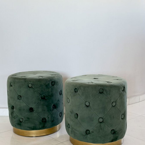 Green Velvet Ottoman Poufs, set of 2, gold base