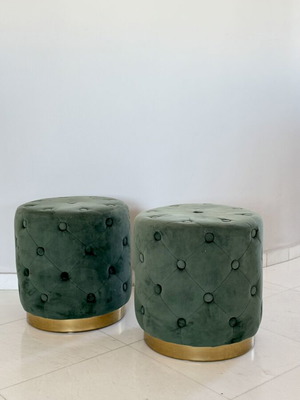 Green Velvet Ottoman Poufs, set of 2, gold base