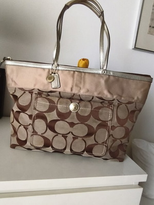 Coach Signature tan shoulder bag with leather details