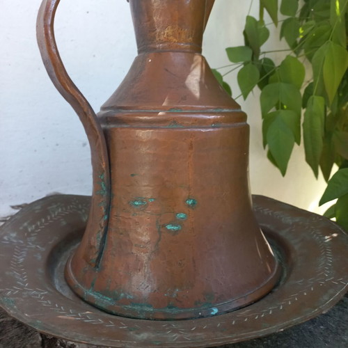 Copper jug and plate set used, old