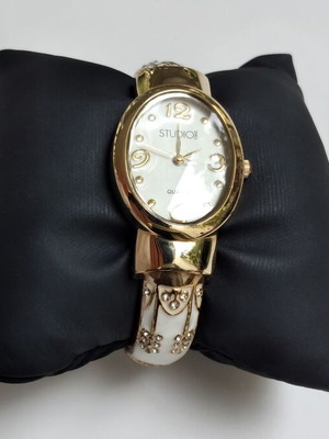 Studio Time women's bangle watch like new with crystals and white enamel