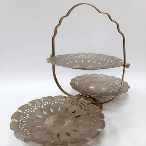 Vintage triple cake stand chrome plated with engraved plates foldable