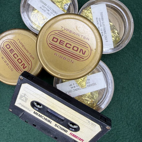 Vintage Decon typewriter ribbon boxes and Memorial Sound cassette used