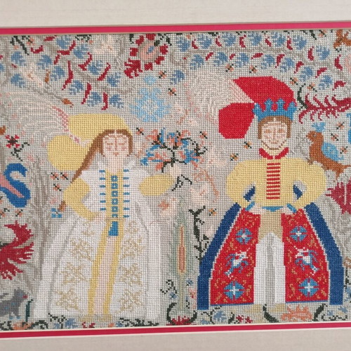 Gianniotiko embroidery used, framed king and queen wedding scene