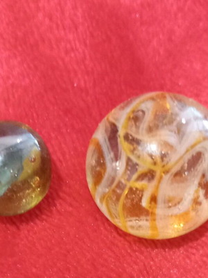 Vintage glass marbles used, set of 2, large one chipped