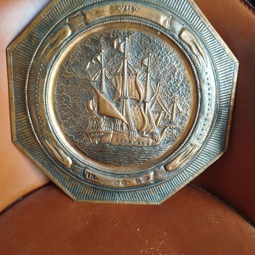 Chalcography octagonal copper plaque used, historic 18th century galley ship
