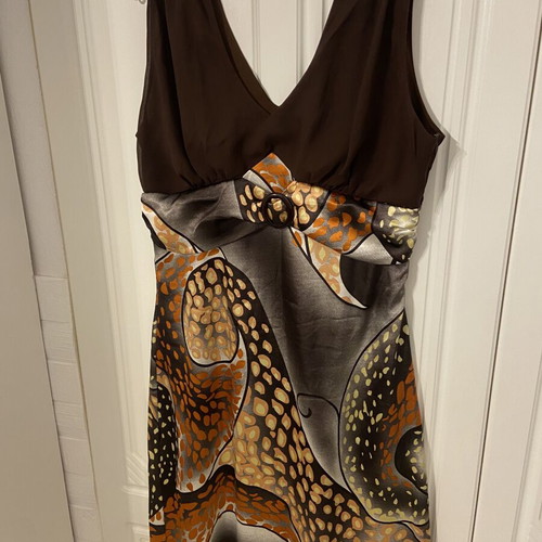 Classic printed dress used, beige and brown, side zipper, XL