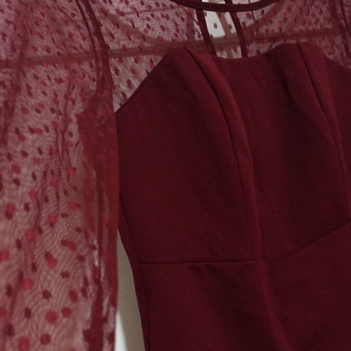 Burgundy bodysuit with transparency and polka dot sleeves, like new