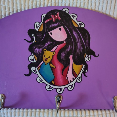 Wooden wall hanger Santoro Gorjuss with 3 hooks, handmade