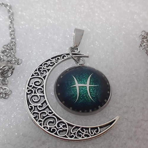 Crescent Moon Pendant with Pisces Zodiac like new