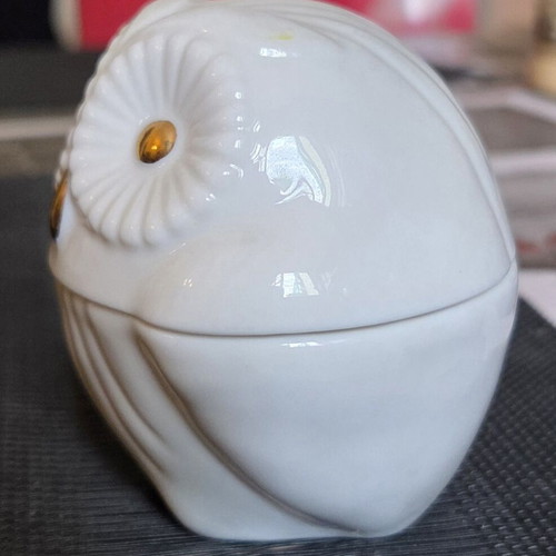 White Owl Box with Gold Tones Porcellane D'Arte Agostinelli Bassano Italy like new