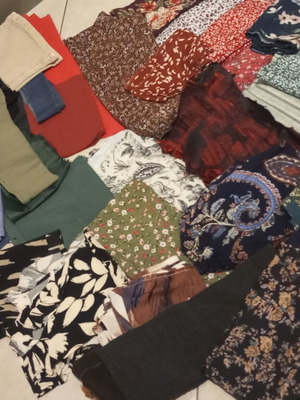 Fabrics and trims used, assorted pieces for sewing and crafts