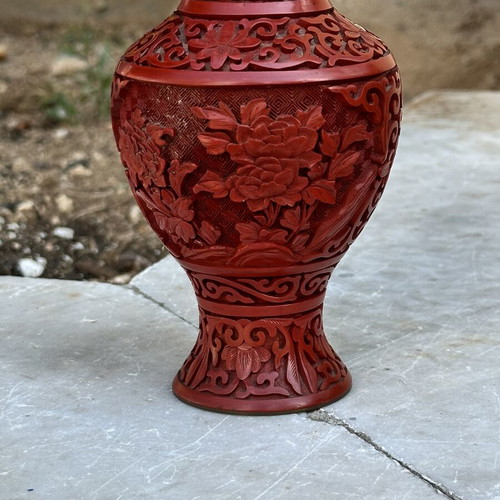 Vintage red carved vase with embossed flowers used, 19cm