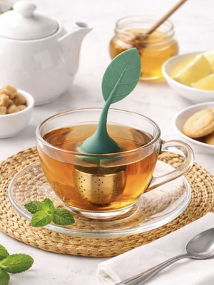 Tea Leaf Infuser with Saucer new, stainless steel and silicone