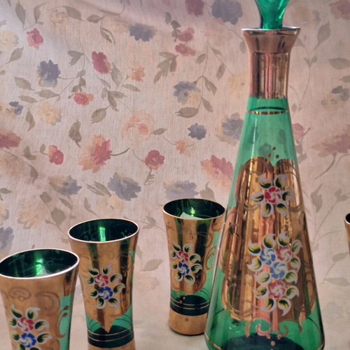 Vintage wine or ouzo serving set, like new, emerald crystal with gold