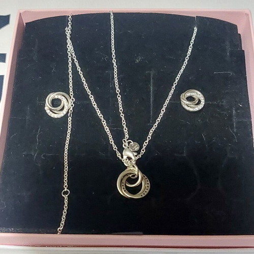 Pandora necklace and earrings set new, white and silver, zircon design