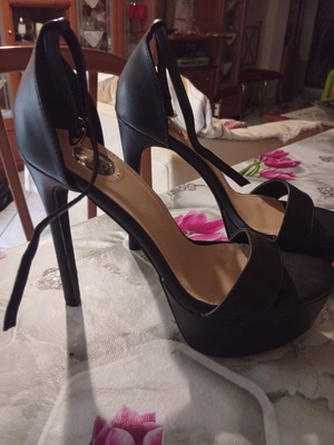 High Heeled Black Leather Sandals Size 37, New