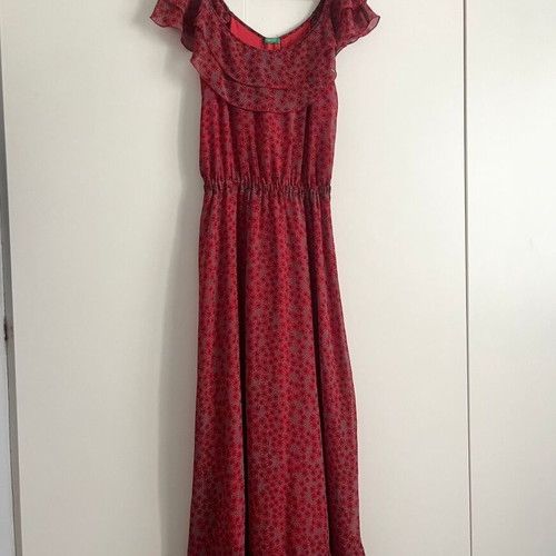 United Colors of Benetton Red Floral Ruffle Maxi Dress M38 Like New