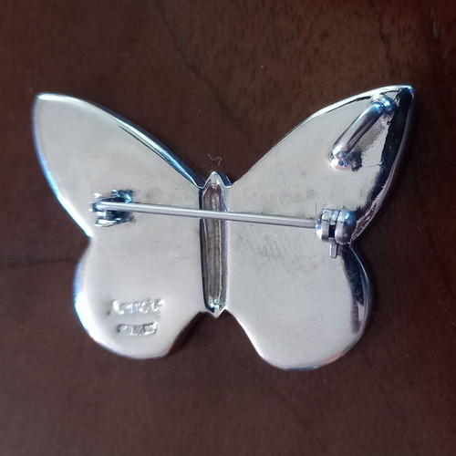 Butterfly brooch like new, 925 silver with red and gold glitter