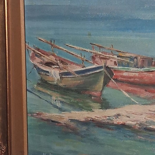 Nikos Maniatis Seascape with Traditional Boats Oil Painting on Hardboard