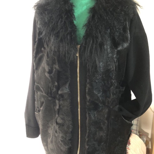 Swakara coat new with detachable fur collar, black, size L-XL