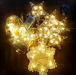 Χριστουγεννιάτικα φωτάκια LED, θερμό λευκό χρώμα, αστέρια και νιφάδες,