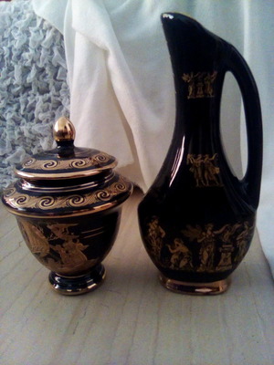 Pitcher and container set used with gold leaf designs