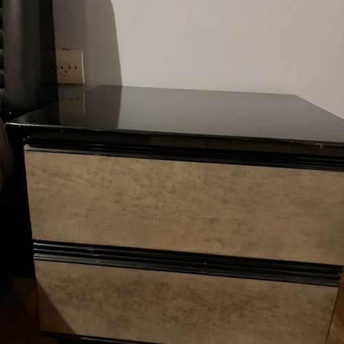 Bedroom furniture set used, includes bed, mattress, storage, nightstands, vanity, mirror