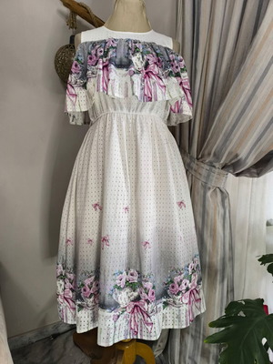 Midi dress romantic floral with tulle and belt new, white multicolor
