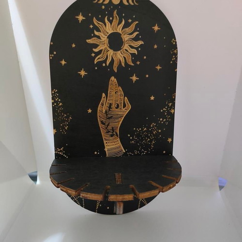 Wooden Handmade Wall Shelf with Mystical Sun and Moon Design like new