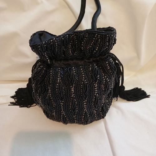 Vintage black evening bucket bag with beads and tassels