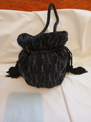 Vintage black evening bucket bag with beads and tassels