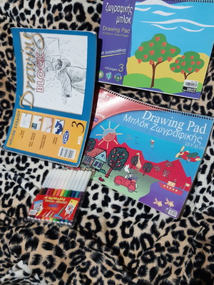 Μπλοκ ζωγραφικής Νο 3 και μαρκαδόροι καινούργια, σετ 3 τεμαχίων