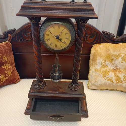 Portico Table Clock 19th Century Used, Wooden Frame, Quartz Mechanism