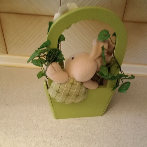 Decorative wooden basket with plush bunny and Easter eggs new